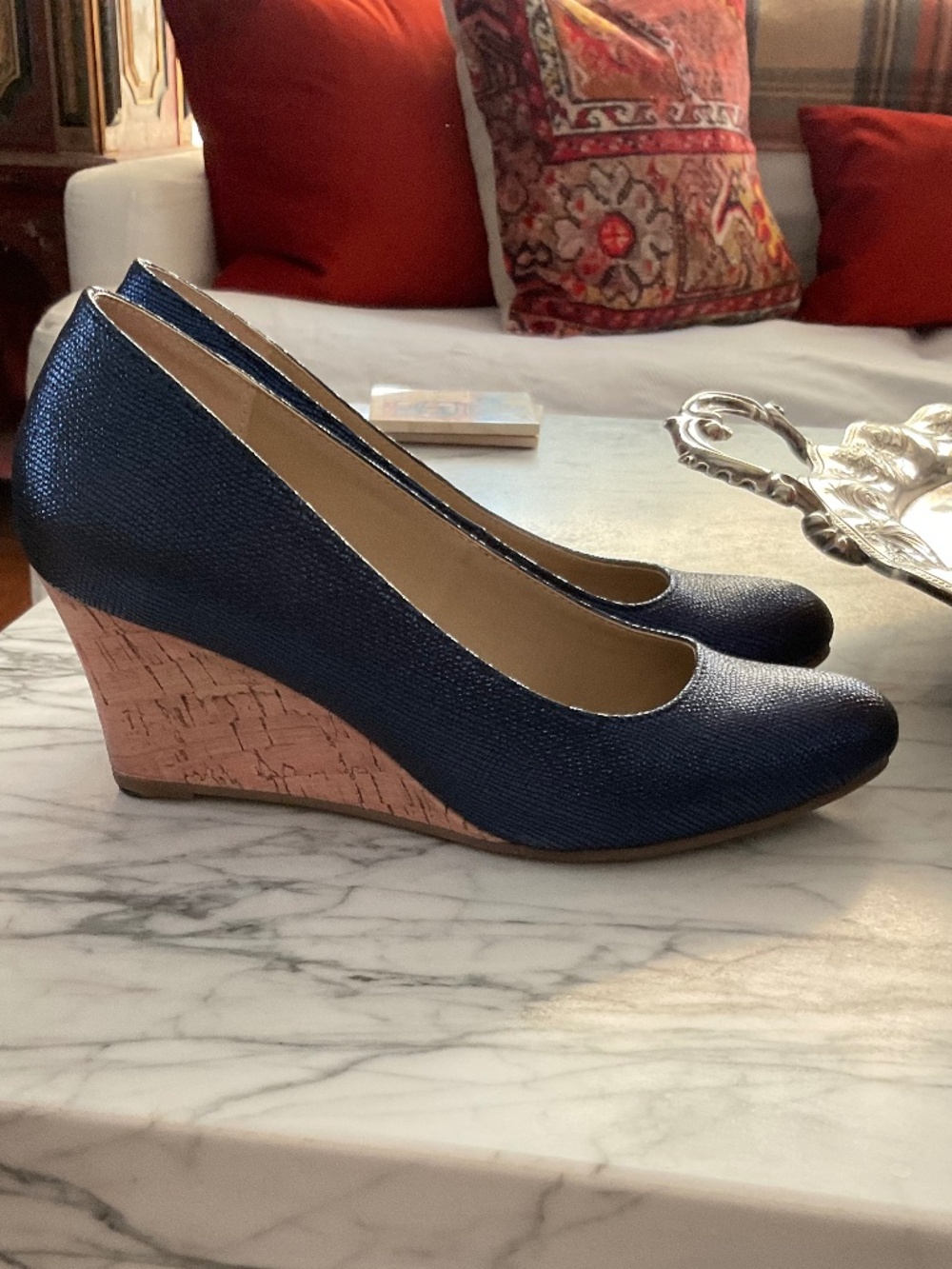 Pair of Navy metallic wedges with cork heel detail, 8.5 m